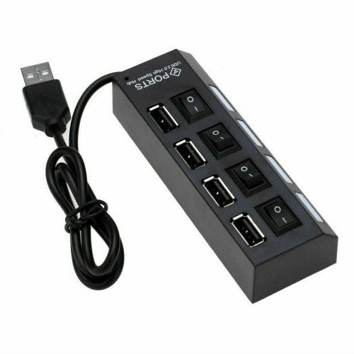 4 Port USB 2.0 Black Hub with High Speed Adapter ON/OFF Switch