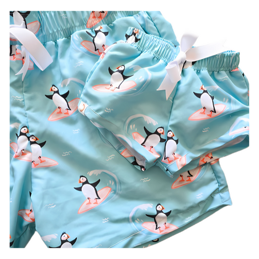 Adult (ONLY) swim short- Surfing penguins
